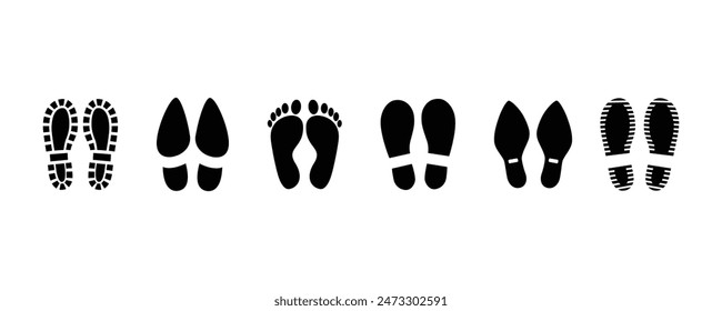 Different human footprints. Imprint soles shoe silhouette. adults steps Flat style collection. Human footprints icon set.