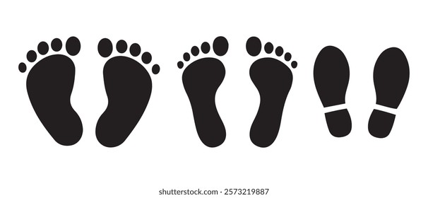 Different human footprints. Imprint soles shoes silhouette. Baby children footprint, Shoes for children and adults, adults and children's steps. Flat style collection.