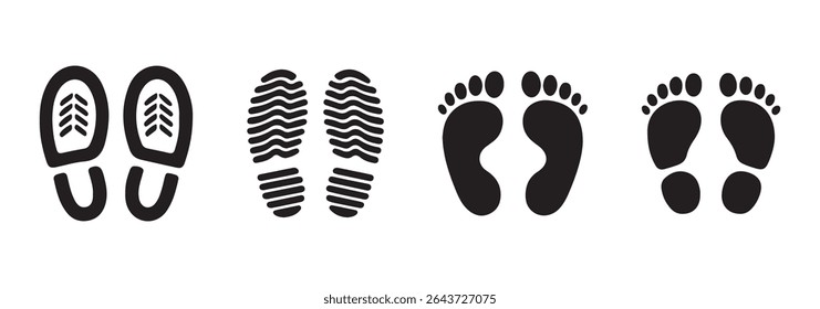 Different human footprints. Imprint soles shoes silhouette. Baby children footprint, Shoes for children and adults, adults and children's steps. Flat style collection.