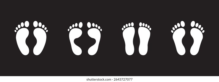 Different human footprints. Imprint soles shoes silhouette. Baby children footprint, Shoes for children and adults, adults and children's steps. Flat style collection.