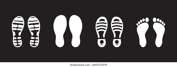 Different human footprints. Imprint soles shoes silhouette. Baby children footprint, Shoes for children and adults, adults and children's steps. Flat style collection.