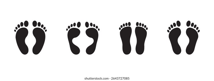 Diferentes pegadas humanas. Silhueta de sapatos de solas de impressão. Pegada infantil para bebês, Sapatos para crianças e adultos, degraus para adultos e crianças. Coleção de estilos simples.