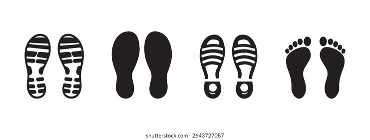 Different human footprints. Imprint soles shoes silhouette. Baby children footprint, Shoes for children and adults, adults and children's steps. Flat style collection.