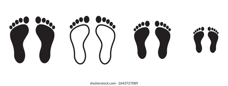 Different human footprints. Imprint soles shoes silhouette. Baby children footprint, Shoes for children and adults, adults and children's steps. Flat style collection.