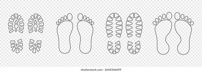 Different human footprints. Imprint soles shoe silhouette. adults steps Flat style collection. Human footprints icon set.