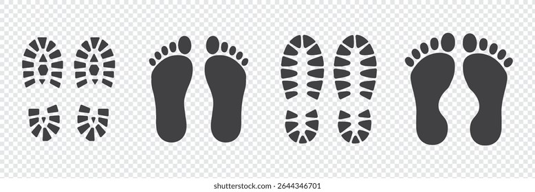 Different human footprints. Imprint soles shoe silhouette. adults steps Flat style collection. Human footprints icon set.