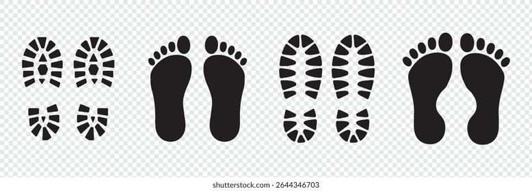 Different human footprints. Imprint soles shoe silhouette. adults steps Flat style collection. Human footprints icon set.
