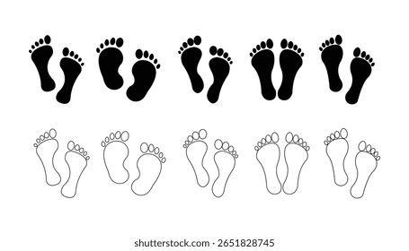 Diferentes pegadas humanas. Imprint soles sapato silhueta. adultos passos Coleção de estilo plano. Conjunto de ícones de pegadas humanas.
