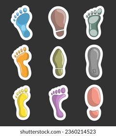 Different human footprints. Sticker Bookmark. Shoe tread imprint. Hand style. Vector drawing. Collection of design elements.