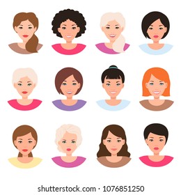 Different human race female faces. Girls avatars. Woman portait icon vector isolated 