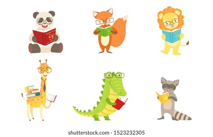 Different humanized animals read books. Vector illustration.