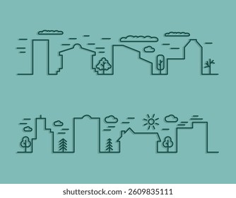 Different huts thin line with shadow. Houses in one line. Cityscape icons. EPS 10.