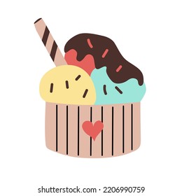 Different ice cream balls in a jar with topping and chocolate in a hand-drawn flat style. Cute vector illustration isolated on a white background