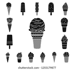 Different ice cream black icons in set collection for design. Dessert and sweetness vector symbol stock web illustration.