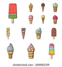 Different ice cream cartoon icons in set collection for design. Dessert and sweetness vector symbol stock web illustration.