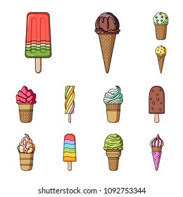 Different ice cream cartoon icons in set collection for design. Dessert and sweetness vector symbol stock web illustration.