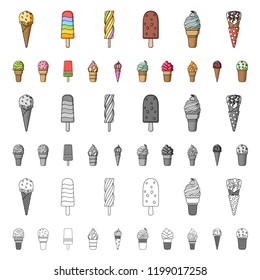 Different ice cream cartoon icons in set collection for design. Dessert and sweetness vector symbol stock web illustration.