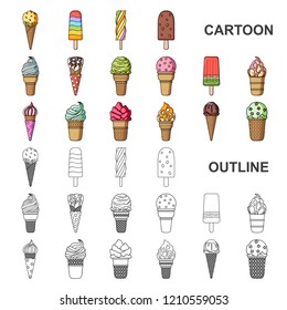Different ice cream cartoon icons in set collection for design. Dessert and sweetness vector symbol stock web illustration.