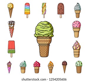Different ice cream cartoon icons in set collection for design. Dessert and sweetness vector symbol stock web illustration.
