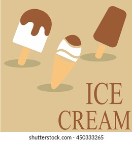 Different ice cream with chocolate on a beige background. Color vector illustration.
