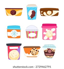Diferentes recipientes de helado que muestran varios sabores, desde vainilla clásica hasta galletas y crema, ideales para conceptos de golosinas congeladas, empaques de postres y dulces