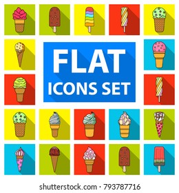 Different ice cream flat icons in set collection for design. Dessert and sweetness vector symbol stock web illustration.