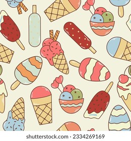 Different ice cream hand drawn background. Seamless pattern dairy dessert. Popsicle, ice cream, ice cream balls, waffle, cone set. Summer print for textile, design, vector illustration retro style