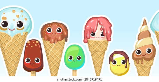 Different ice cream. Horizontal seamless background illustration. Funny cartoon characters. In waffle cups and cones. Creamy and chocolatey. Popsicle on a stick. Dairy and fruit product. Vector