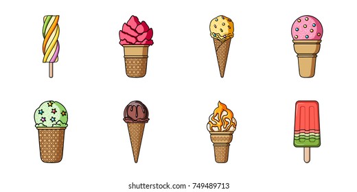 Different ice cream icons in set collection for design. Dessert and sweetness vector symbol stock web illustration.