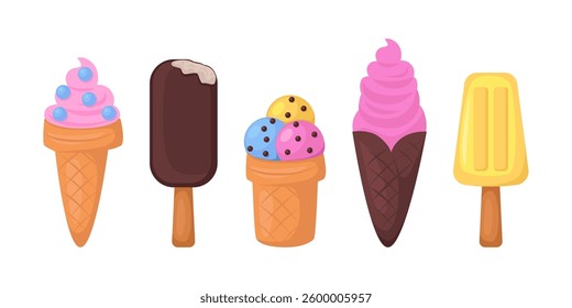 Different ice cream on an isolated background. Vector collection in a flat style