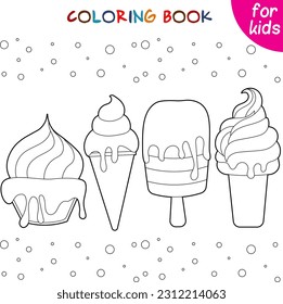 Different ice cream on a white background. Relaxation coloring template. 