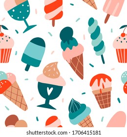 Different ice cream seamless pattern. Flat hand drawn food. Summer texture for kitchen textile, kids fabric, paper. Funny sweet dessert background. Waffle cones, ice lolly. Cute children illustration