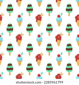 Different ice cream seamless pattern. Background of creamy frozen dessert. Icecream print for packaging, digital paper and design, vector illustration