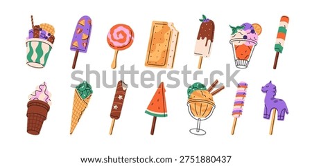 Different ice cream set. Vanilla and chocolate icecream, popsicle, sorbet in waffle cone, cup of gelato, sundae with fruit. Summer frozen desserts for kids. Flat isolated vector illustrations on white