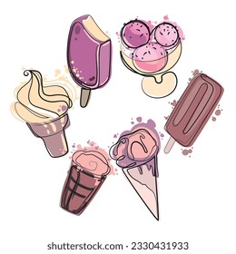 Different ice cream types set of ice cream Sketch style vector illustration for cafe menu, card, birthday card decoration.Hand drawn doodle ice cream.Summer dessert,sweet food print,emblem design