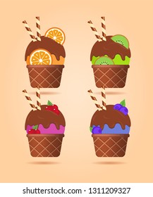 Different ice cream with wafer rolls in waffle cup, dairy product. Ice cream scoop image in flat style. Vector illustration set.