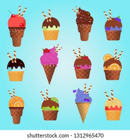Different ice cream with wafer rolls in waffle cup, dairy product. Ice cream scoop image in flat style. Seamless pattern. Vector illustration.