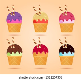 Different ice cream in waffle cup, dairy product. Ice cream scoop image in flat style. Vector illustration set.