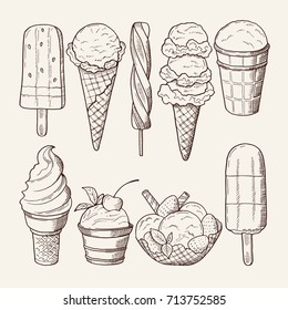 Different ice creams with chocolate and lollipops. Vector illustrations isolate. Ice cream sweet food vanilla in waffle cone