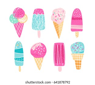 Different ice creams illustration in hand drawn style. Icecream with topping in waffle cone and on the stick. Vector art