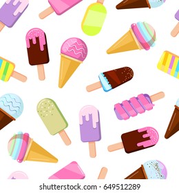 Different ice creams illustrations. Vector seamless pattern