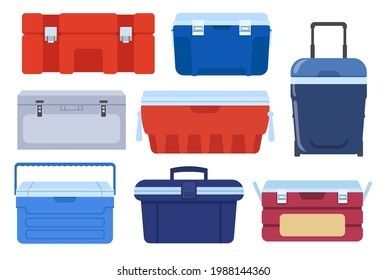 Different iceboxes vector illustrations set. Collection of ice chests or coolers for food, containers or portable refrigerators isolated on white background. Picnic, camping, food, traveling concept