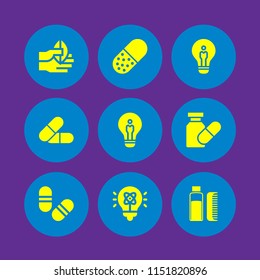 different icon. 9 different set with pill, idea, comb and hand vector icons for web and mobile app