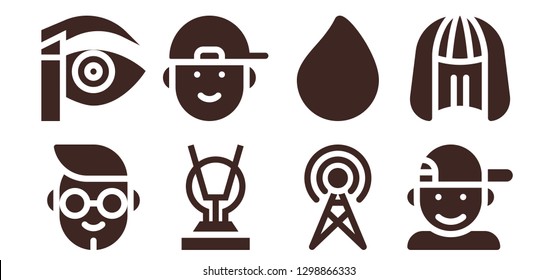  different icon set. 8 filled different icons. Simple modern icons about  - Boy, Eyebrow pencil, Antenna, Paint drop, Wig