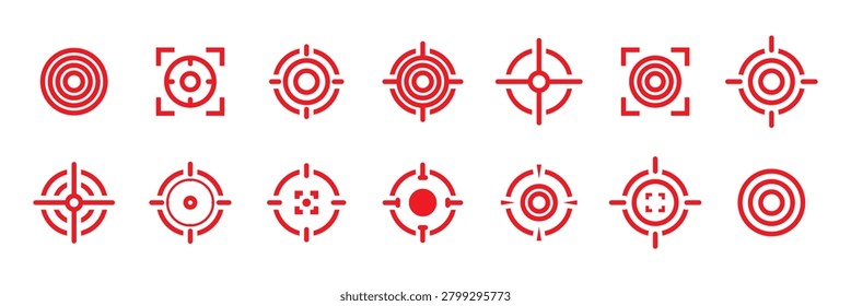 Different icon set of targets and destination. Target and aim, targeting and aiming. Crosshair, gun sight vector icons. Bullseye, red target or aim symbol. Military rifle scope, shooting mark. EPS 10