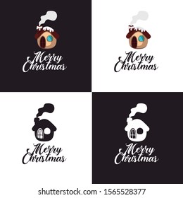Different icons of a cabin with fireplace. Card to congratulate Christmas. Editable vector.
