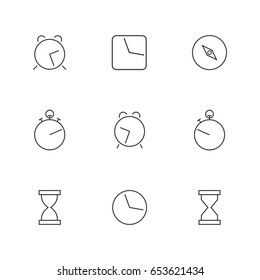 Different icons clock of thin lines, isolated on white background. Flat style, vector illustration.
