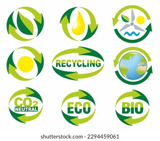 different icons for eco, bio, recycling and renewable energy