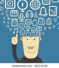 Different icons flows into the human`s head