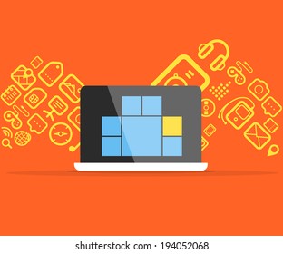 Diferentes iconos fluyen hacia un gadget moderno